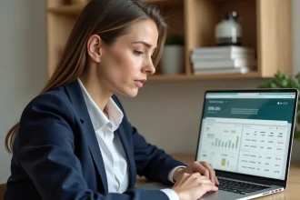 Femme professionnelle consultant ses comptes BNP Banque Privée en ligne sur un ordinateur portable dans un bureau moderne