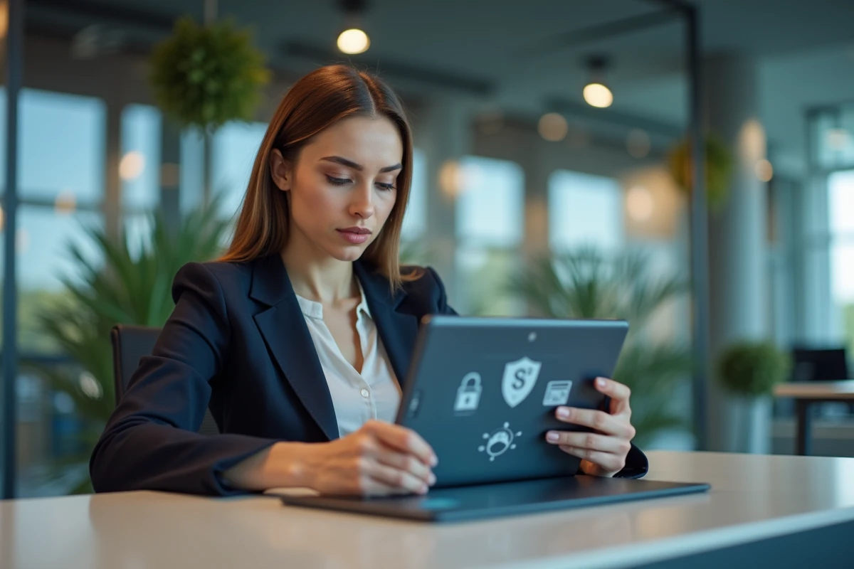Jeune femme en banque utilisant une tablette pour des opérations