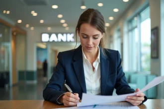 Femme professionnelle dans une agence bancaire examinant un formulaire de virement lors d'un changement de banque