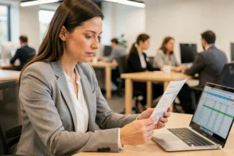 Femme cadre consultant sa fiche de paie dans un bureau moderne en 2026