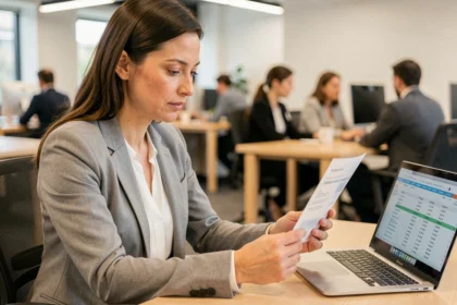 Femme cadre consultant sa fiche de paie dans un bureau moderne en 2026