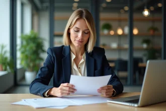 Femme professionnelle examinant des factures dans un bureau moderne