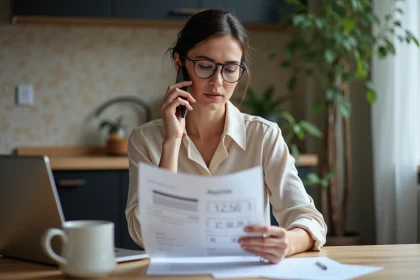 Femme en tenue business casual au téléphone à la maison
