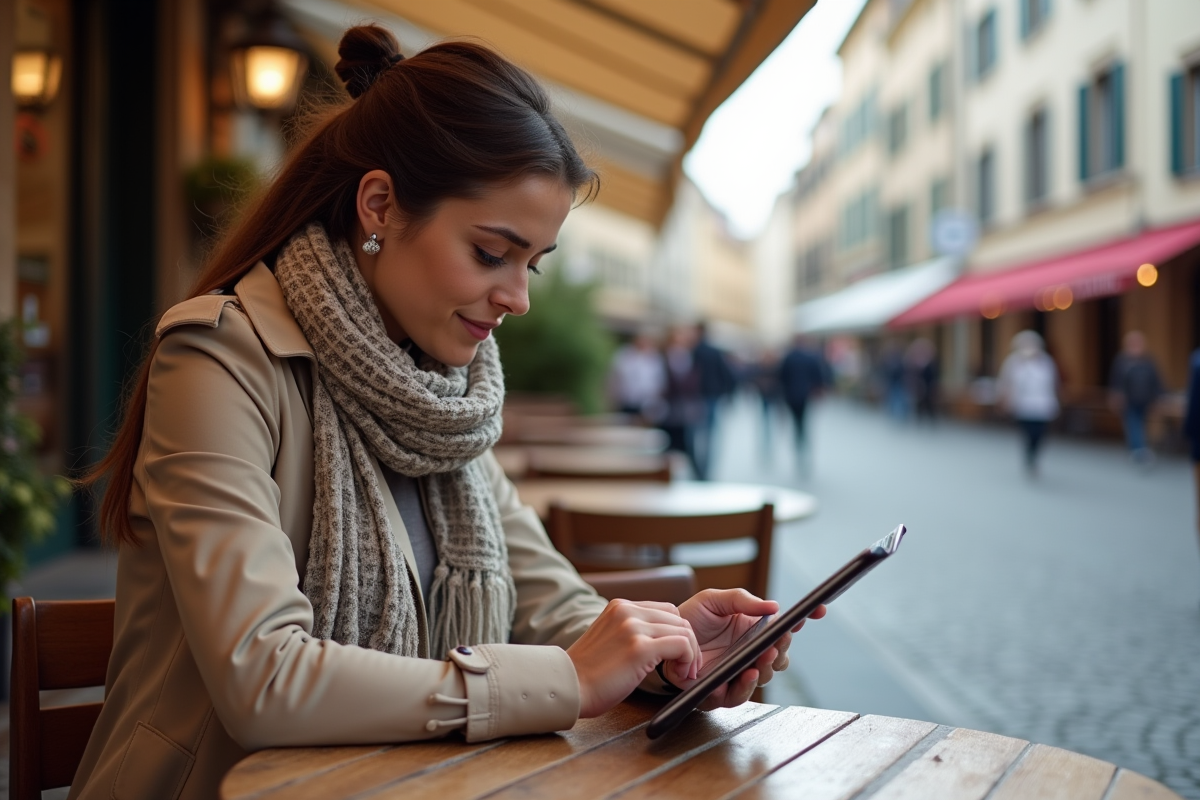 Jeune femme lisant des nouvelles financières en terrasse