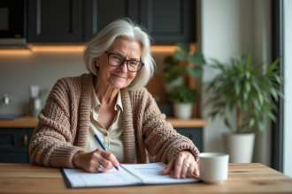 Femme moyenne âge en cardigan calcule avec un carnet