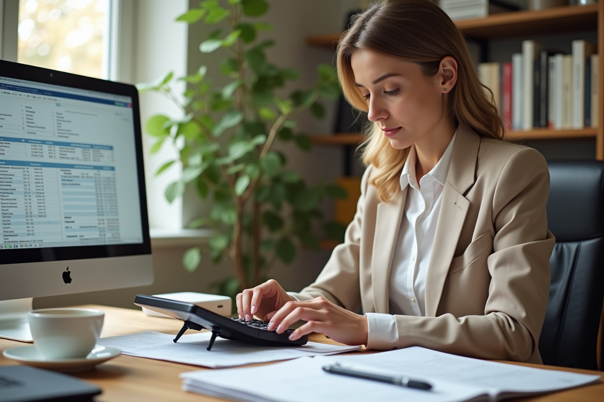 Femme calculant ses impots dans un bureau lumineux