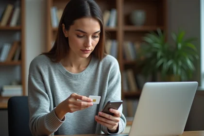Femme tenant une carte SIM prépayée tout en consultant son smartphone dans un bureau à domicile moderne