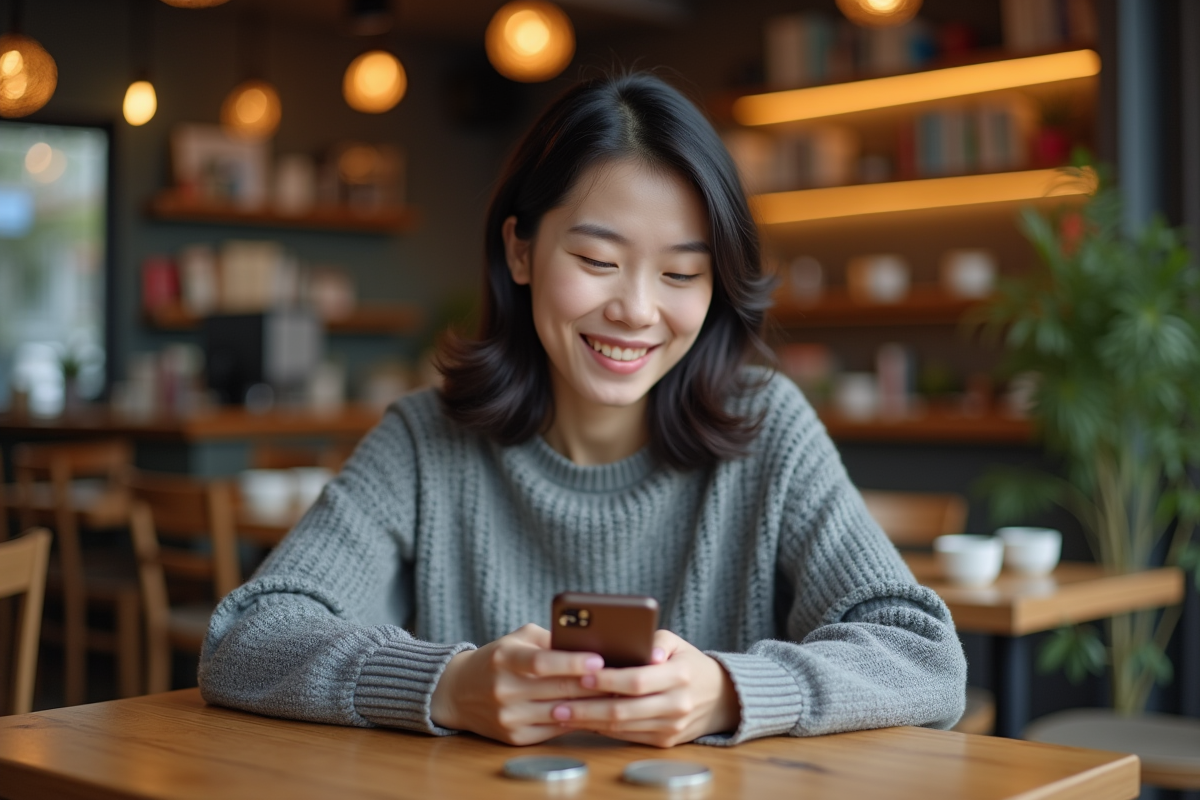 Jeune femme chinoise scannant un QR code bitcoin