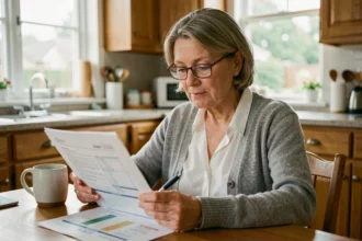 Femme de 50 ans comparant des contrats de mutuelle santé à sa table de cuisine avec des documents imprimés