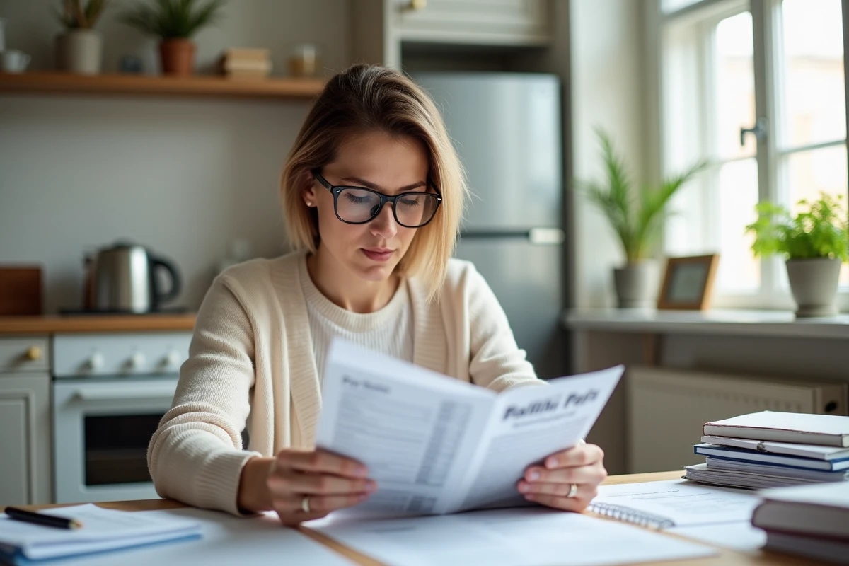 Femme à la maison comparant fiches de paie et notes