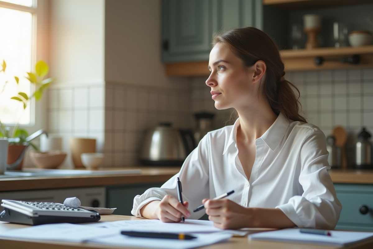 Jeune femme comptable pensant devant ses reçus à la cuisine