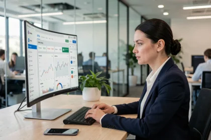 Femme comptable analysant un tableau de bord de comptabilité cloud avec des graphiques de cash-flow sur un écran dans un bureau moderne