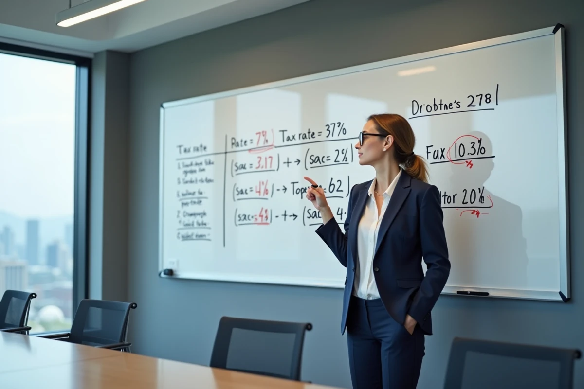 Femme comptable expliquant les erreurs de calcul d'acompte IS après changement de taux sur un tableau blanc