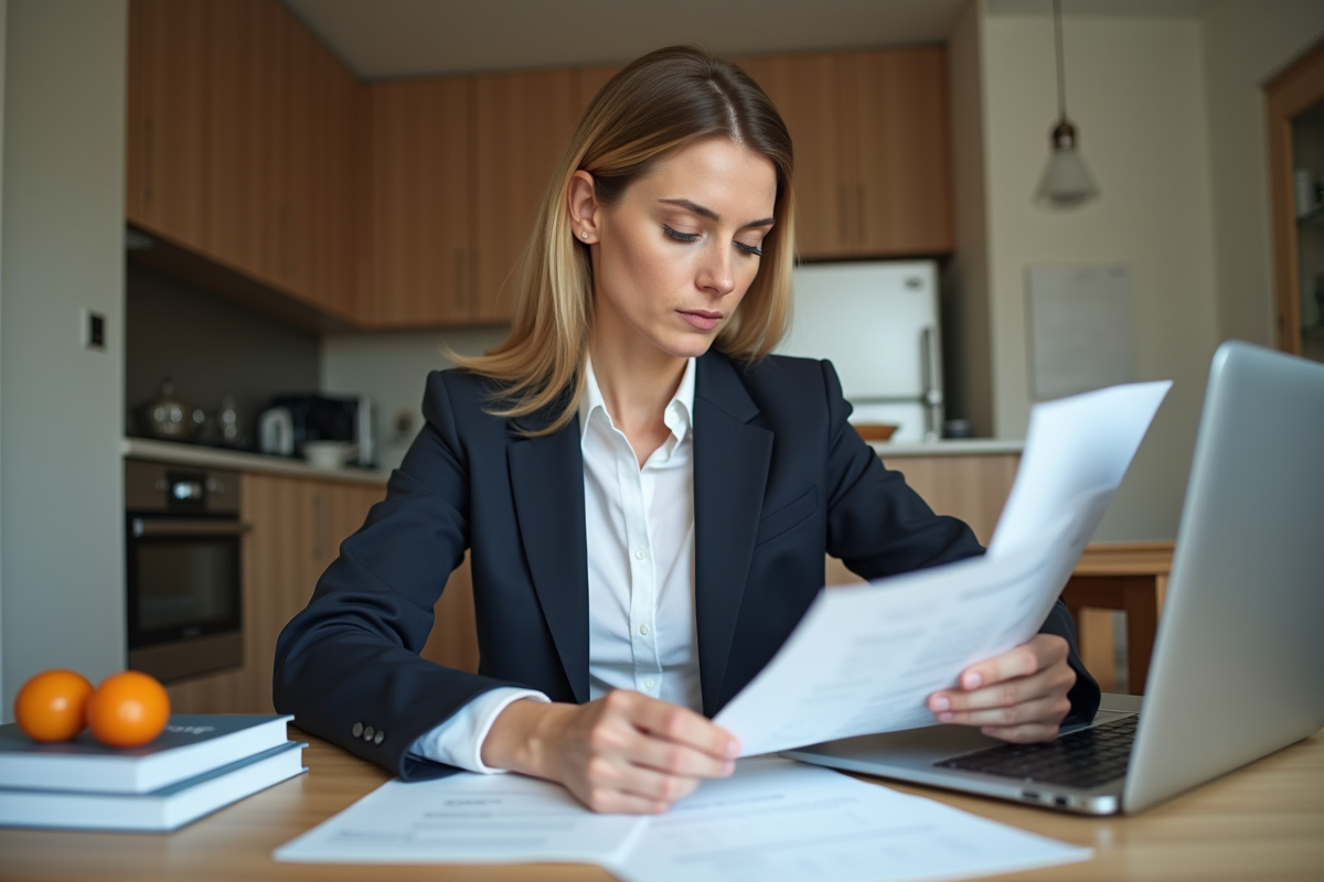 Femme d'affaires examinant des documents de prêt immobilier