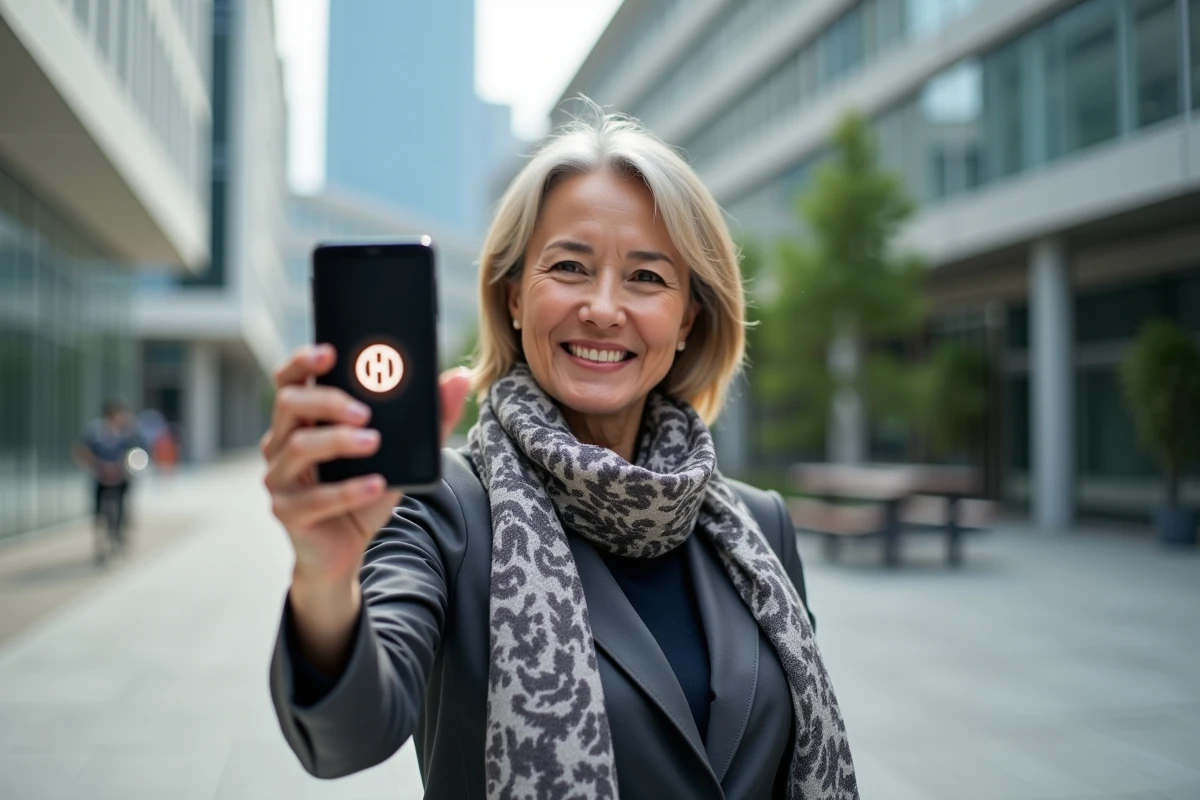 Femme souriante tient un smartphone avec symbole hydrogene crypto