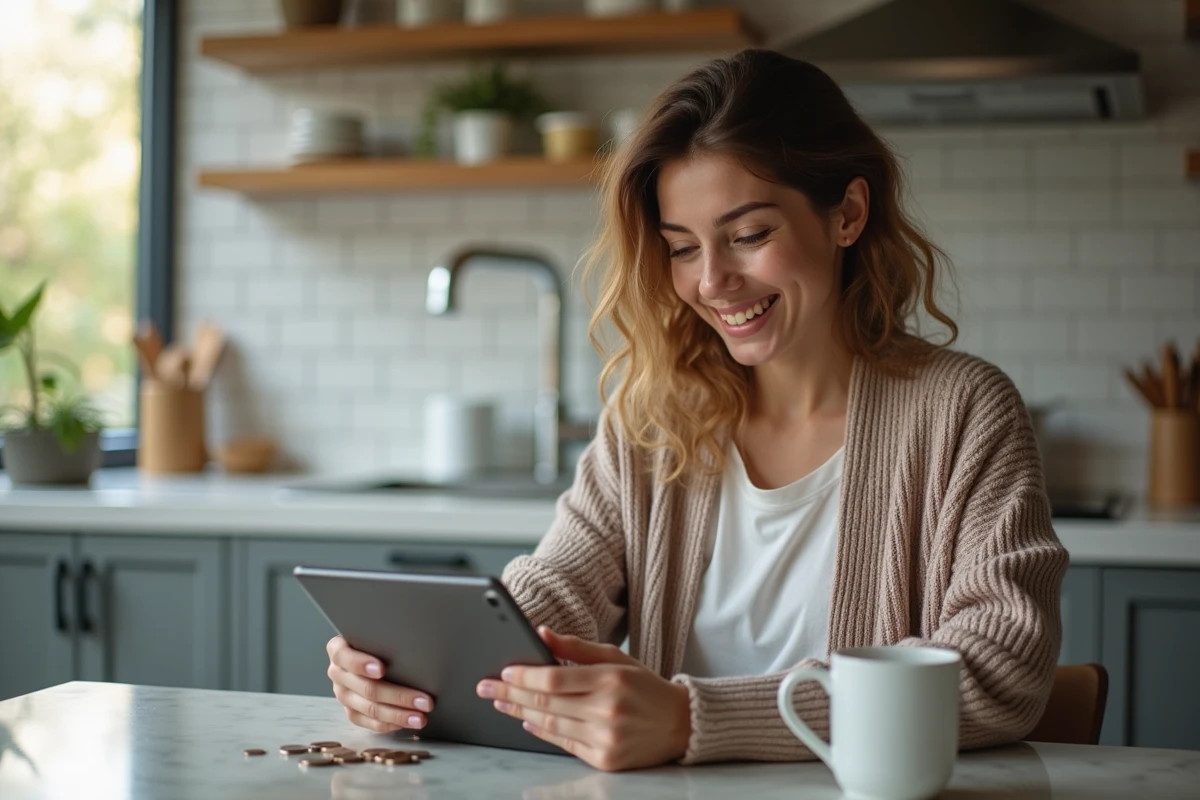 Jeune femme vérifiant ses finances sur une tablette dans la cuisine