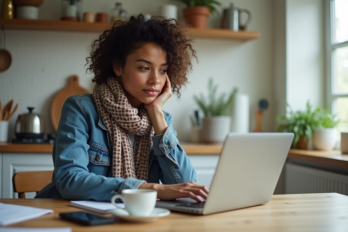 Femme assise à la cuisine avec son ordinateur portable