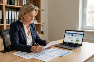 Femme consultant des formulaires Cerfa 3916 et 3916 bis sur un bureau à domicile pour sa déclaration fiscale 2026