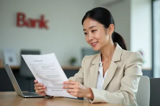 Femme examinant un relevé bancaire avec le code banque du Crédit Agricole dans une agence moderne