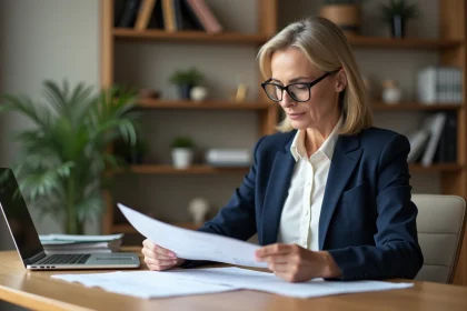 Femme consultant des documents financiers liés à un compte à terme Crédit Agricole à son bureau