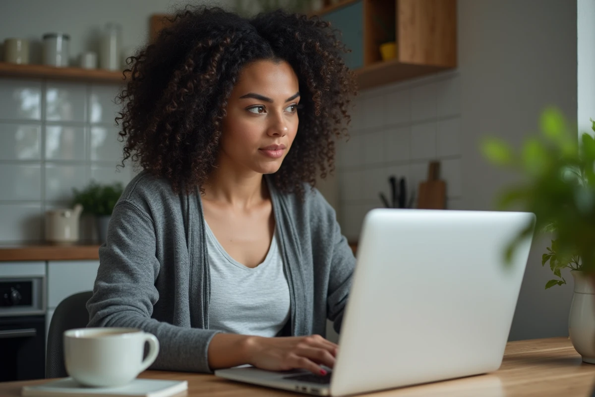 Femme envoyant un email à l'URSSAF depuis son espace de travail à domicile