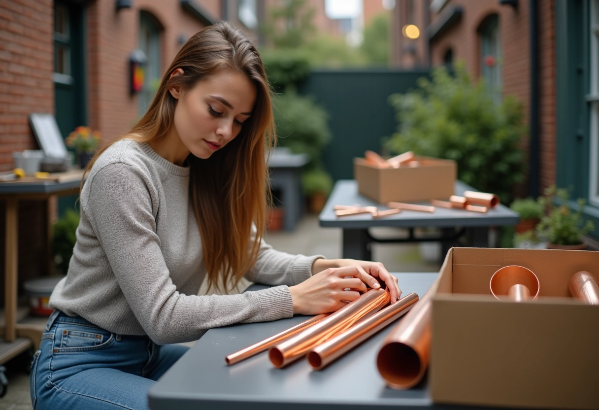 Jeune femme triant des morceaux de cuivre en extérieur