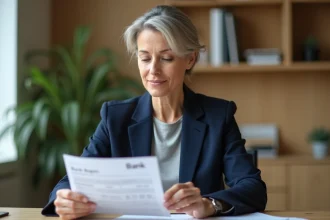 Femme consultant un document d'épargne bancaire à son bureau à domicile, illustrant la gestion d'un livret à taux garanti