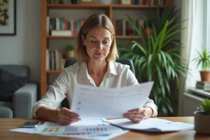 Femme d'âge moyen examinant ses documents financiers à la maison