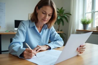 Femme remplissant un formulaire administratif CESU à son bureau à domicile