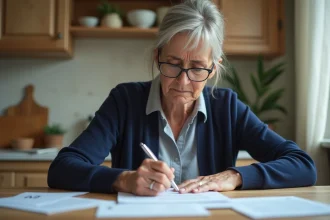 Femme d'âge mûr remplissant un formulaire d'aide financière Agirc-Arrco à la table de sa cuisine