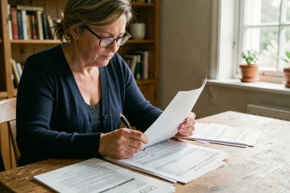 Femme remplissant le formulaire Cerfa 2042 RICI à une table en bois avec des documents fiscaux