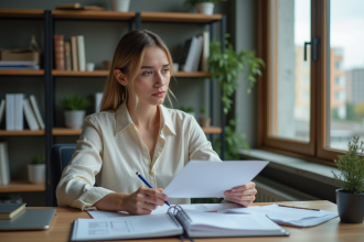 Femme concentrée examinant un rapport de credit à son bureau
