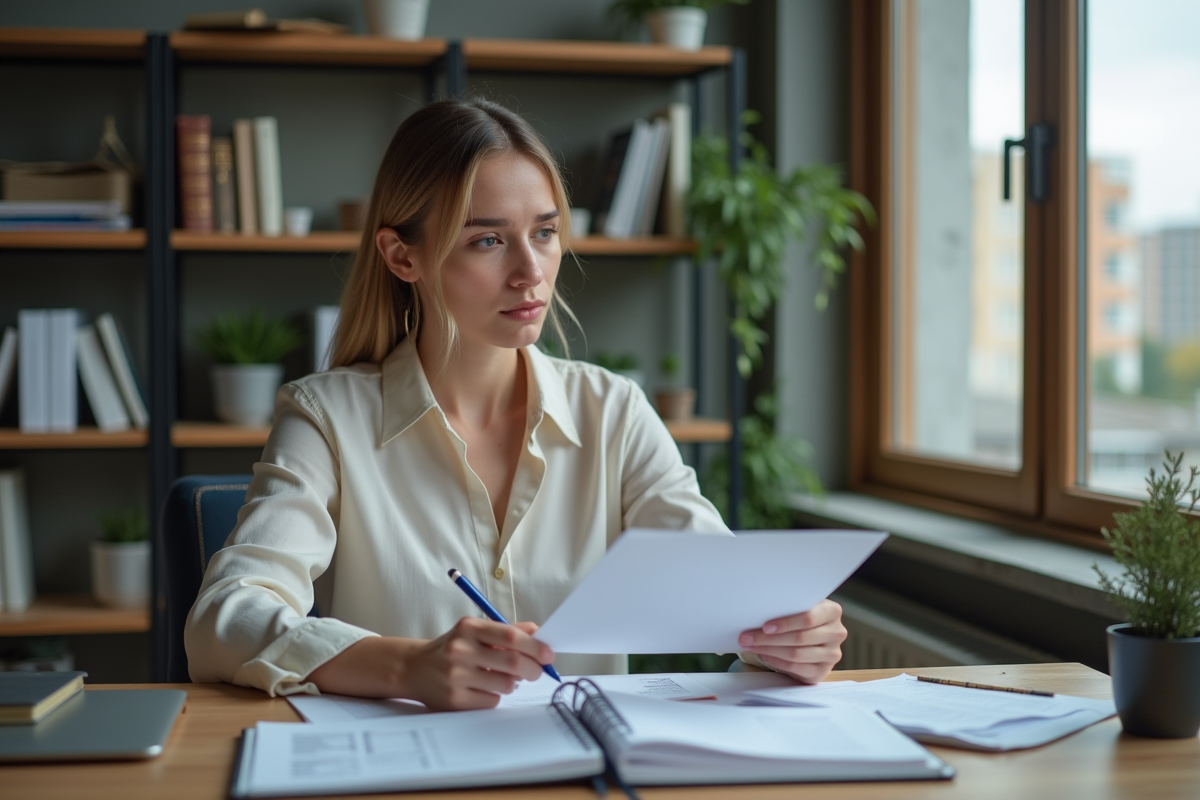 Femme concentrée examinant un rapport de credit à son bureau
