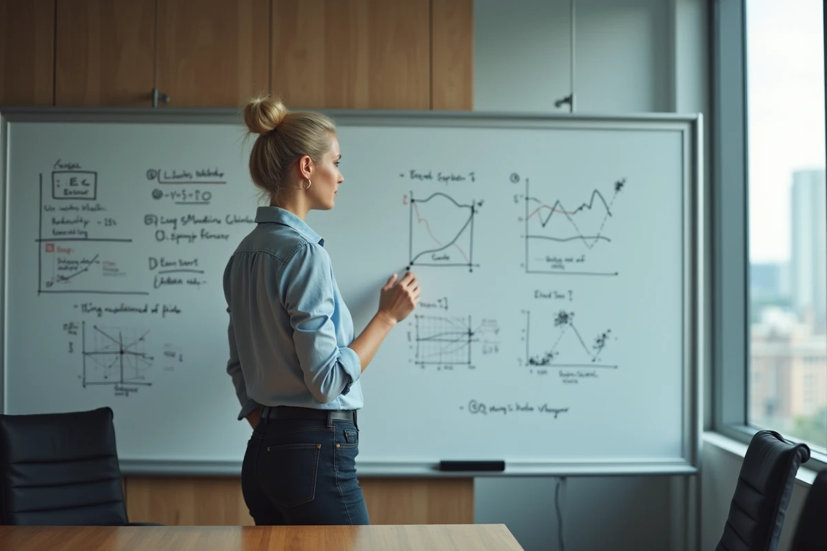 Femme effaçant un graphique complexe sur un tableau blanc