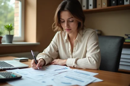 Femme indépendante calculant son taux d'imposition à son bureau à domicile avec des documents fiscaux et une calculatrice