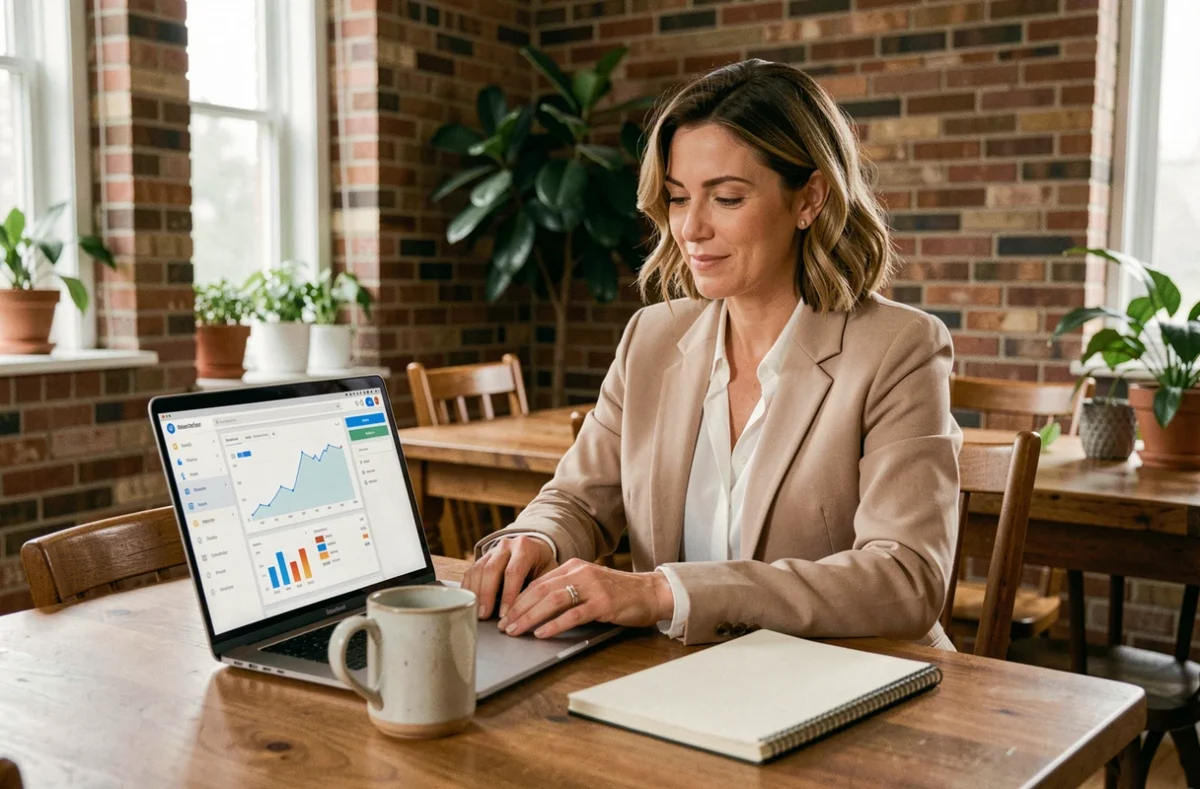 Femme investissant dans des SCPI depuis son domicile avec un ordinateur portable affichant un tableau de bord immobilier