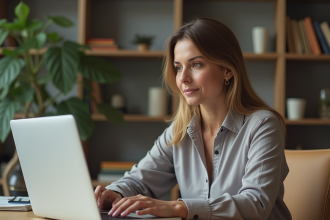 Femme d'âge moyen utilisant son ordinateur pour transférer de l'argent en ligne dans un bureau moderne