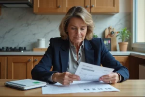 Femme consultant son livret A et ses relevés bancaires à une table de cuisine, illustrant la question du taux d'intérêt épargne en 2026