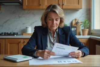 Femme consultant son livret A et ses relevés bancaires à une table de cuisine, illustrant la question du taux d'intérêt épargne en 2026