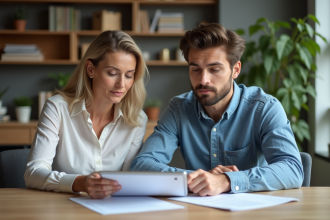 Femme d'âge moyen et son fils adulte lisant des documents