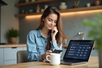 Jeune femme utilisant son smartphone et son ordinateur pour gérer ses finances à la maison