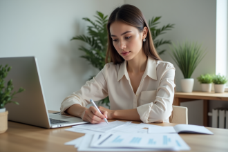 Jeune femme remplissant un formulaire bancaire dans un bureau moderne