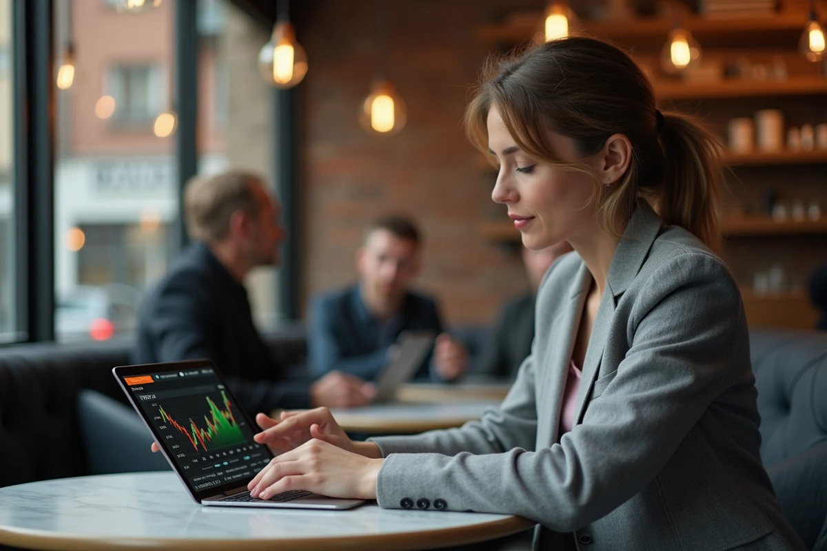 Une femme consulte les données de dividende FDJ 2026 sur une tablette dans un café moderne