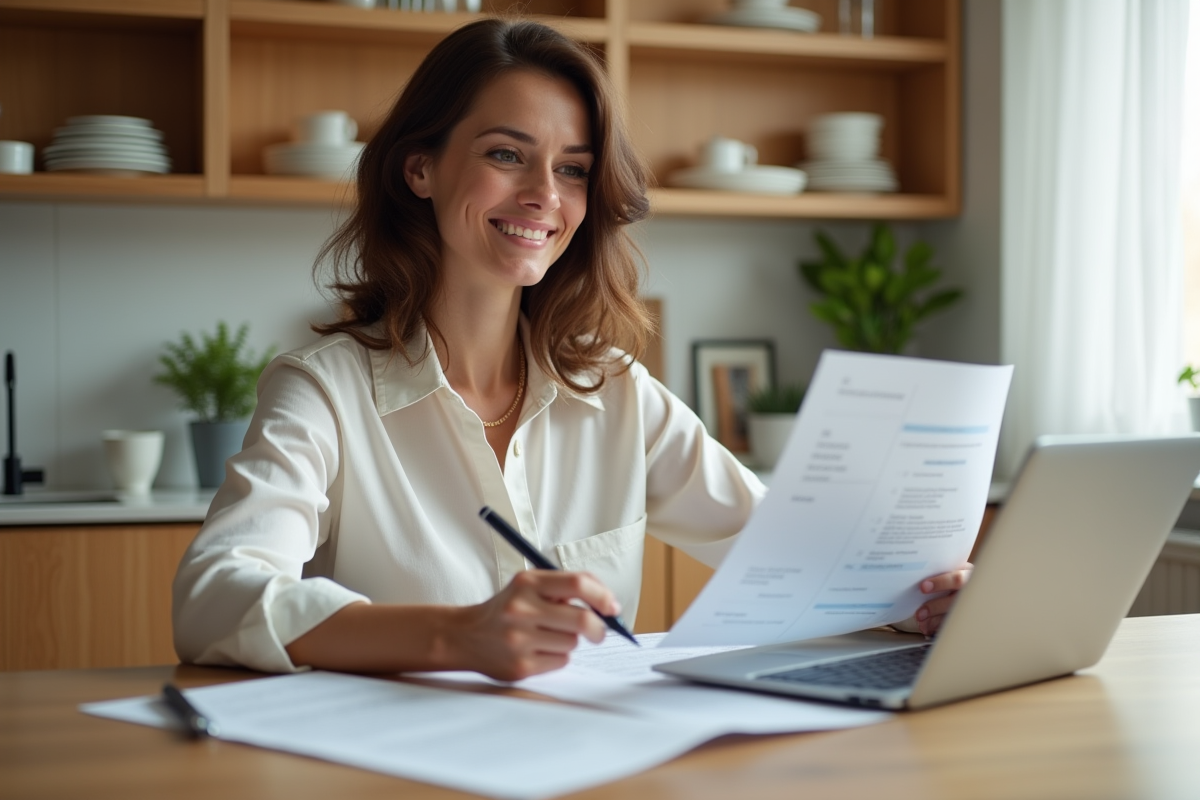 Femme concentrée examinant documents hypothécaires à la maison