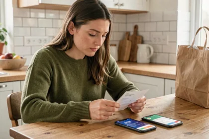 Femme consultant un reçu et une application de remboursement sur smartphone pour optimiser ses achats en période de promotions