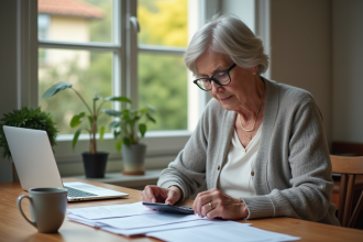 Femme retraitée française examinant ses papiers de retraite