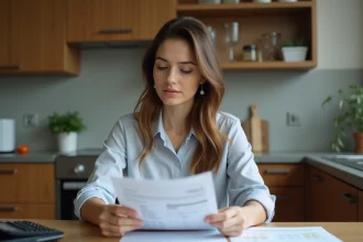 Jeune femme en cuisine examine ses comptes