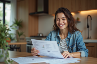 Femme souriante vérifiant ses documents fiscaux et Airbnb