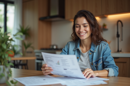 Femme souriante vérifiant ses documents fiscaux et Airbnb