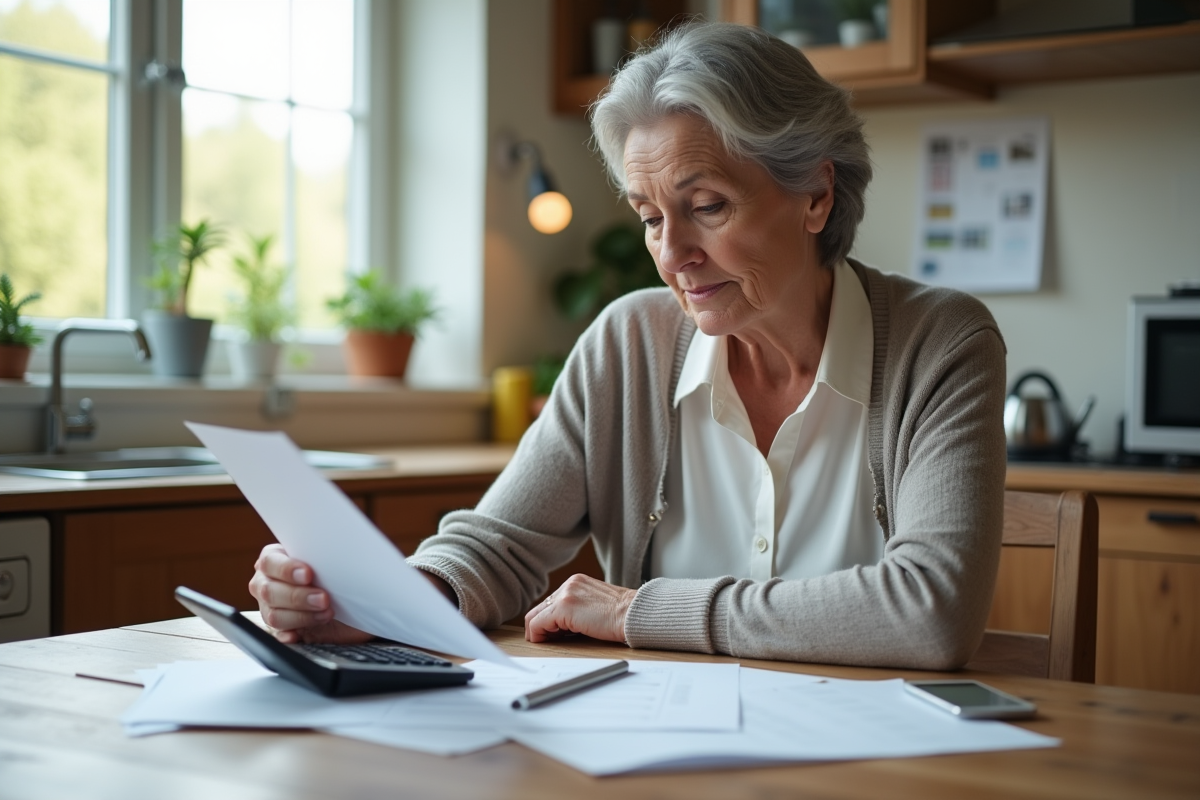 Femme de 60 ans examine des papiers dans la cuisine lumineuse